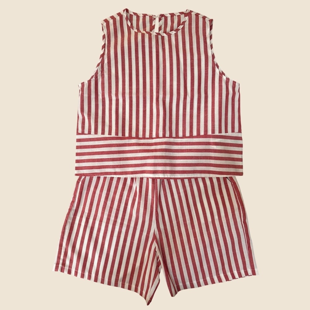 Emery Rose Striped Short Set L Red White Sleeveless Top High Waist Shorts Beach